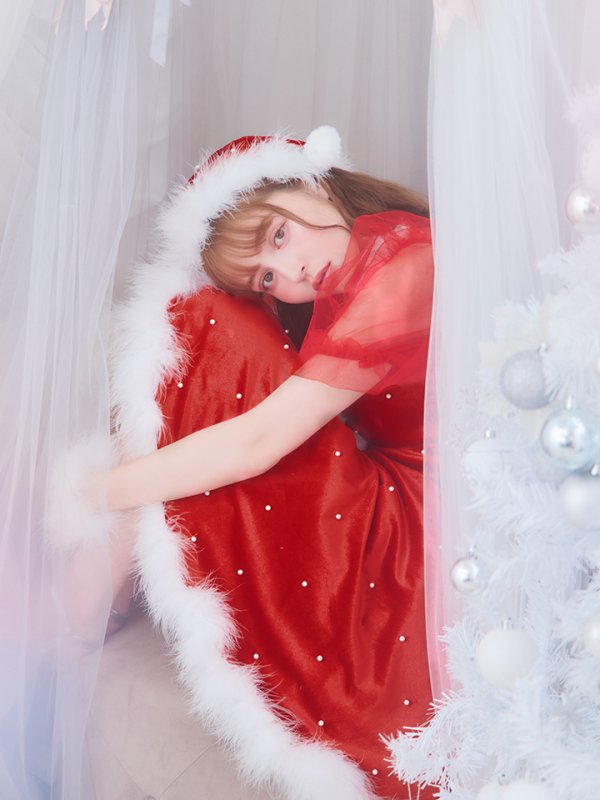 画像9: 【サンタセール！】【サンタコス 4点セット】【S-Lサイズ/1カラー】ベロアパールフレアスカートサンタコスプレ[YMT] (9)