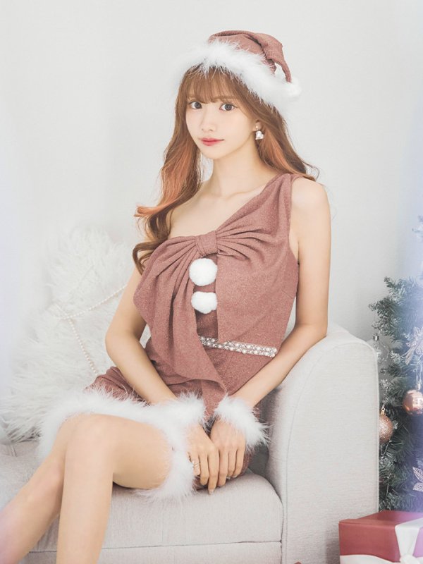 画像6: 即日発送!【サンタコス4点セット】【S-Lサイズ/1カラー】ワンショルダーリボンラメサンタコスプレ[OF04] (6)