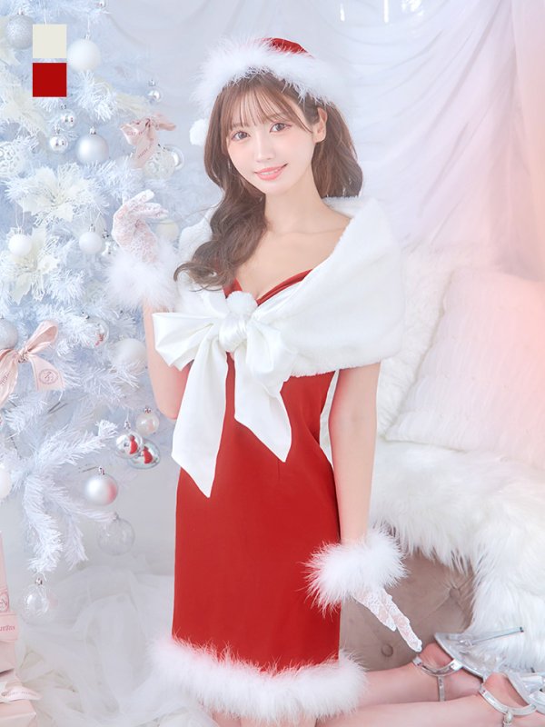 画像2: 【サンタSALE!!】【即日発送！】【サンタコス 5点セット】【S-Lサイズ/2カラー】サテンリボンファーサンタコスプレ[OF04] (2)