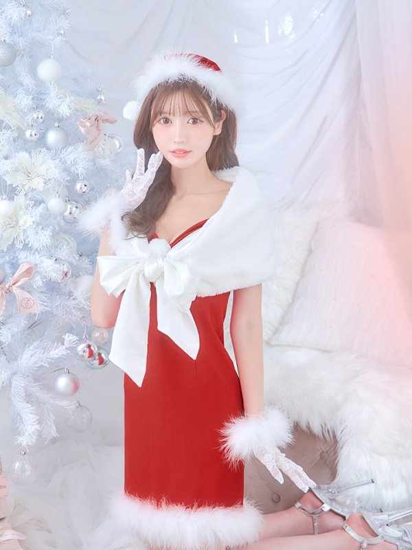 画像7: 【サンタSALE!!】【即日発送！】【サンタコス 5点セット】【S-Lサイズ/2カラー】サテンリボンファーサンタコスプレ[OF04] (7)