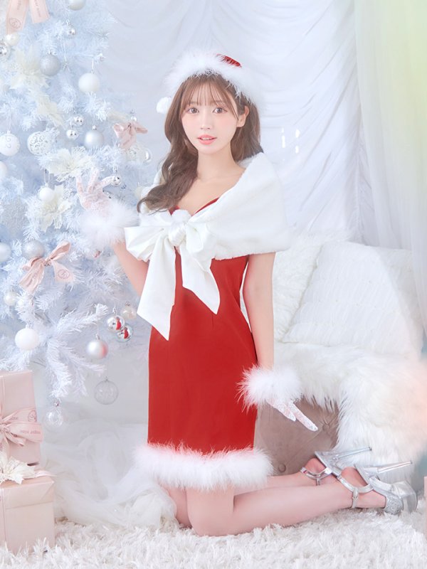 画像13: 【サンタSALE!!】【即日発送！】【サンタコス 5点セット】【S-Lサイズ/2カラー】サテンリボンファーサンタコスプレ[OF04] (13)