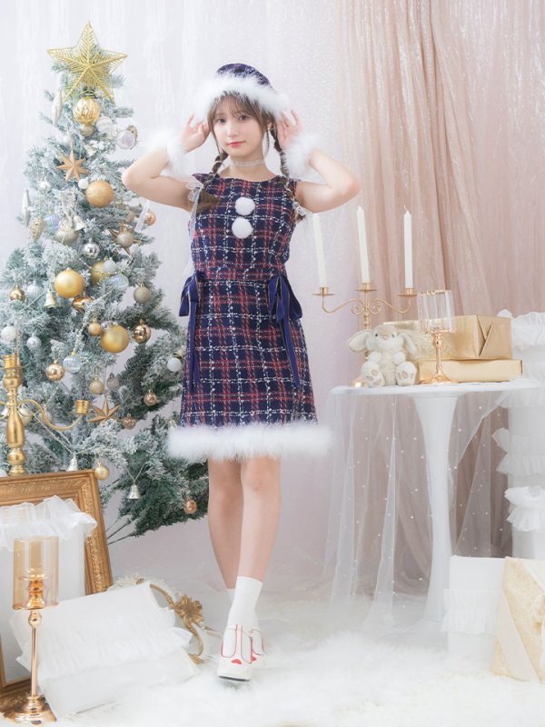 画像4: 【サンタSALE!!】【サンタコス 4点セット】【S-Lサイズ/2カラー】サイドリボンツイードサンタコスプレ[OF04] (4)