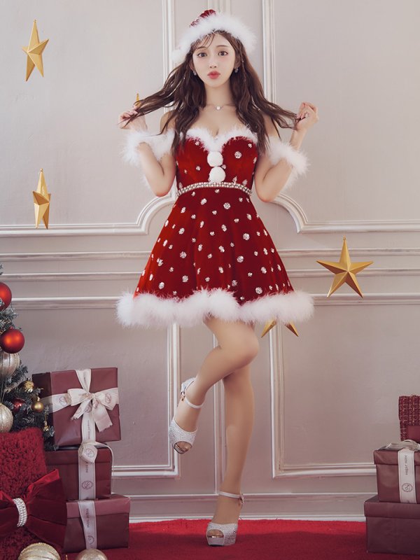 画像17: 【ノベルティ対象】【即日発送！】【サンタコス 4点セット】【XS-XLサイズ/1カラー】ビジューショルダーフレアサンタ[OF04] (17)