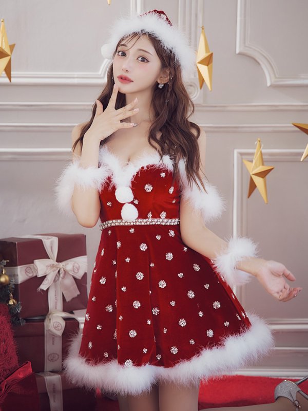 画像1: 【ノベルティ対象】【即日発送！】【サンタコス 4点セット】【XS-XLサイズ/1カラー】ビジューショルダーフレアサンタ[OF04] (1)