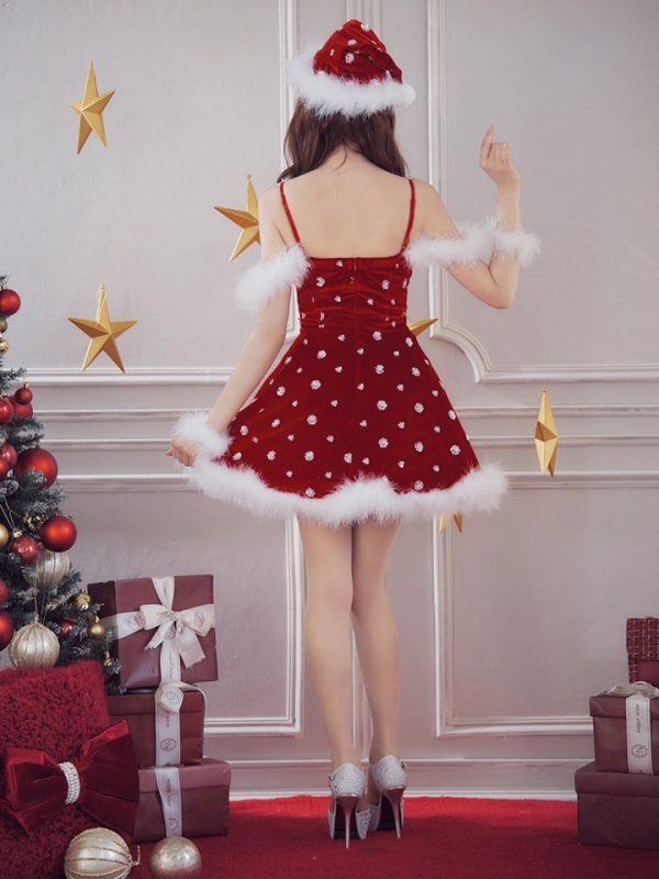 画像5: 【ノベルティ対象】【即日発送！】【サンタコス 4点セット】【XS-XLサイズ/1カラー】ビジューショルダーフレアサンタ[OF04] (5)