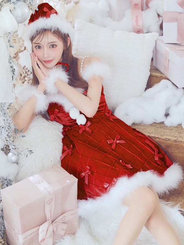 画像19: 【ノベルティ対象】【即日発送！】【サンタコス 4点セット】【XS-XLサイズ/2カラー】リボンモチーフパールショルダーフレアサンタ[YMT] (19)