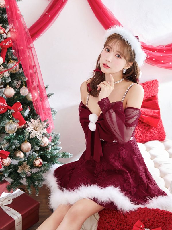 画像15: 【ノベルティ対象】【即日発送！】【サンタコス 3点セット】【XS-Lサイズ/2カラー】フロントビッグリボンオフショル袖付きフレアサンタ[YMT] (15)