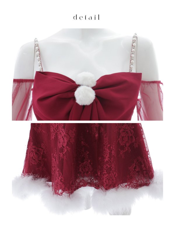 画像43: 【ノベルティ対象】【即日発送！】【サンタコス 3点セット】【XS-Lサイズ/2カラー】フロントビッグリボンオフショル袖付きフレアサンタ[YMT] (43)