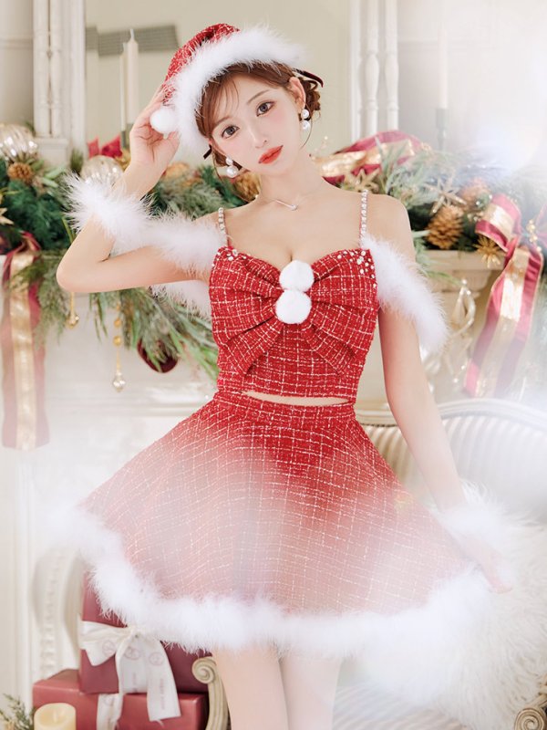 画像2: 【ノベルティ対象】【即日発送！】【サンタコス 5点セット】【XS-XLサイズ/2カラー】フロントリボンセットアップツイードサンタ[YMT] (2)