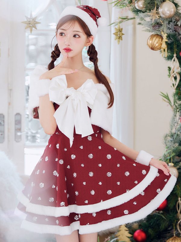 画像8: 【即日発送！】【サンタコス 5点セット】【XS-XLサイズ/3カラー】ケープ付きフレアサンタコスプレ[OF04] (8)