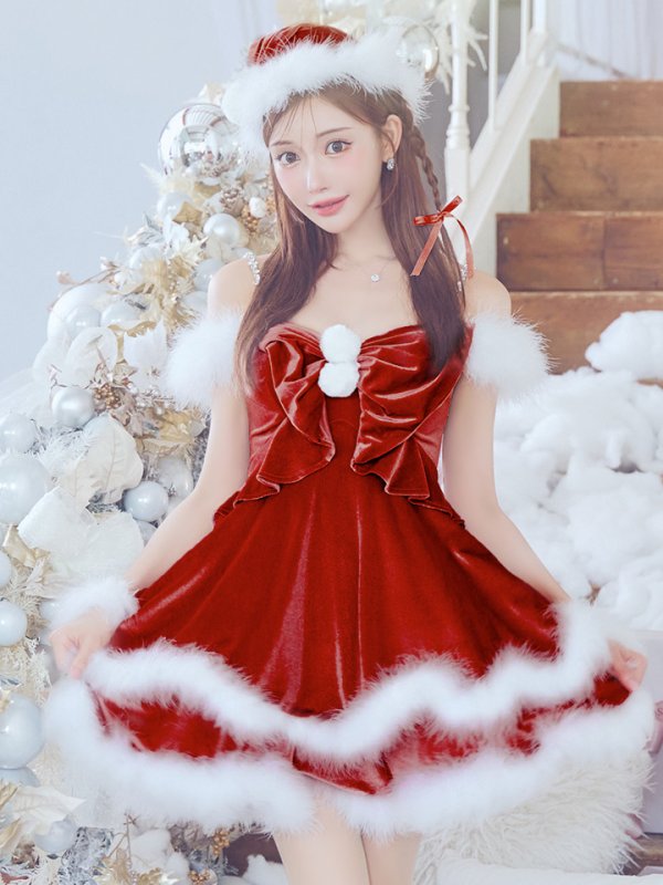 画像19: 【ノベルティ対象】【即日発送！】【サンタコス 4点セット】【XS-Lサイズ/4カラー】フロントビッグリボンオフショルフレアサンタ[YMT] (19)