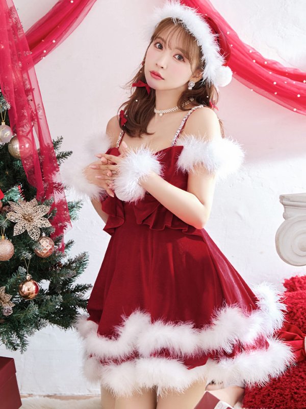 画像13: 【ノベルティ対象】【即日発送！】【サンタコス 4点セット】【XS-Lサイズ/4カラー】フロントビッグリボンオフショルフレアサンタ[YMT] (13)