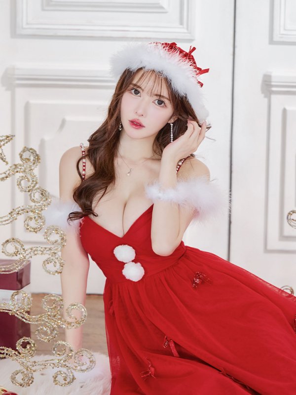 画像2: 【ノベルティ対象】【即日発送】【サンタコス 4点セット】【S-XLサイズ/1カラー】ミディアムスカートキャミリボンサンタコスプレ[YMT] (2)