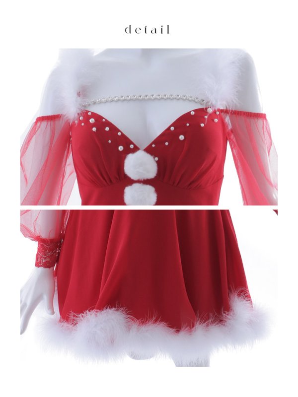 画像37: 【ノベルティ対象】【即日発送】【サンタコス 3点セット】【XS-XLサイズ/2カラー】シアーチュールオフショルダーサンタコスプレ[YMT] (37)