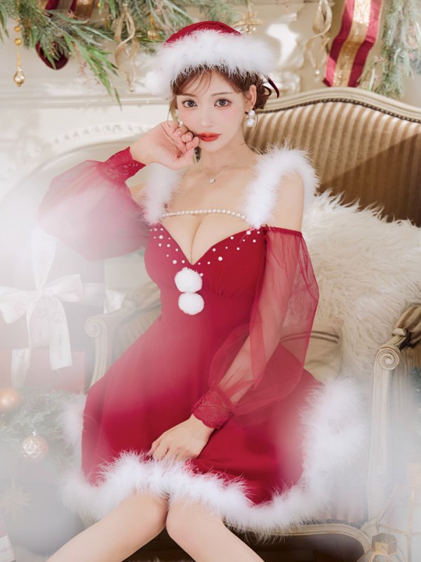 画像33: 【ノベルティ対象】【即日発送】【サンタコス 3点セット】【XS-XLサイズ/2カラー】シアーチュールオフショルダーサンタコスプレ[YMT] (33)