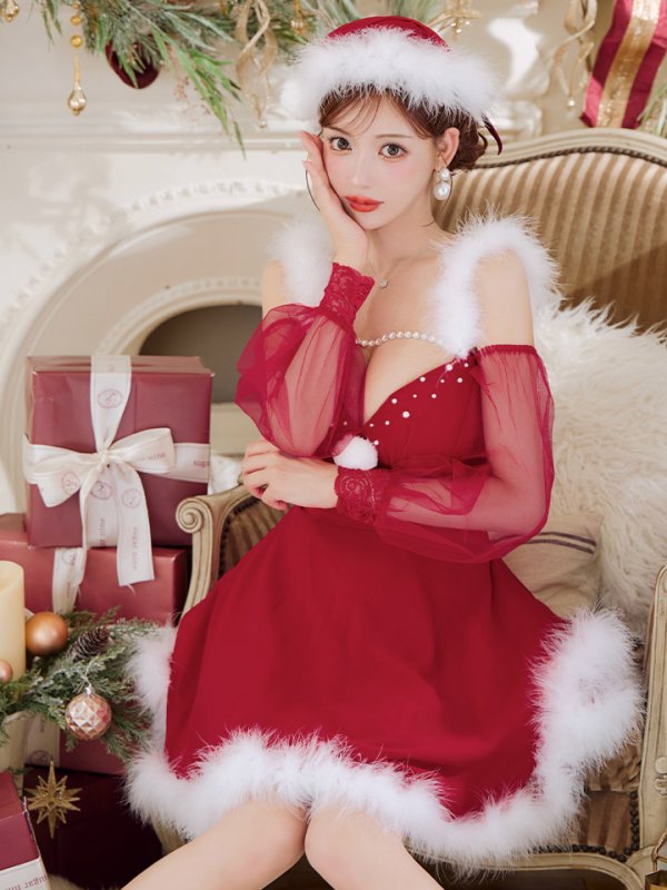 画像34: 【ノベルティ対象】【即日発送】【サンタコス 3点セット】【XS-XLサイズ/2カラー】シアーチュールオフショルダーサンタコスプレ[YMT] (34)