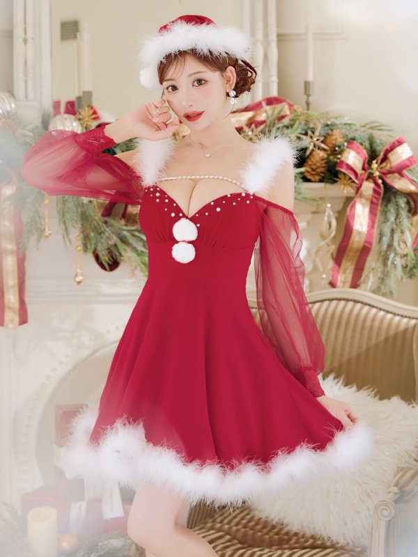 画像20: 【ノベルティ対象】【即日発送】【サンタコス 3点セット】【XS-XLサイズ/2カラー】シアーチュールオフショルダーサンタコスプレ[YMT] (20)
