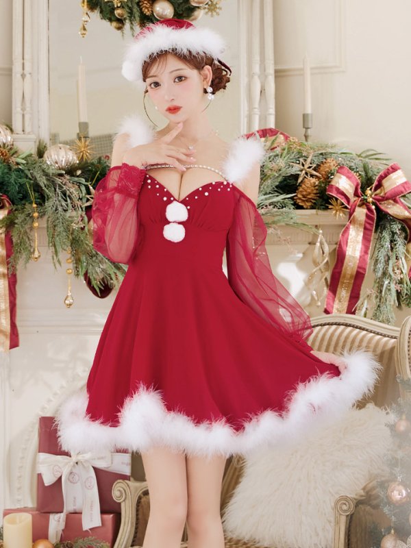 画像21: 【ノベルティ対象】【即日発送】【サンタコス 3点セット】【XS-XLサイズ/2カラー】シアーチュールオフショルダーサンタコスプレ[YMT] (21)