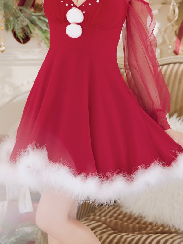 画像25: 【ノベルティ対象】【即日発送】【サンタコス 3点セット】【XS-XLサイズ/2カラー】シアーチュールオフショルダーサンタコスプレ[YMT] (25)