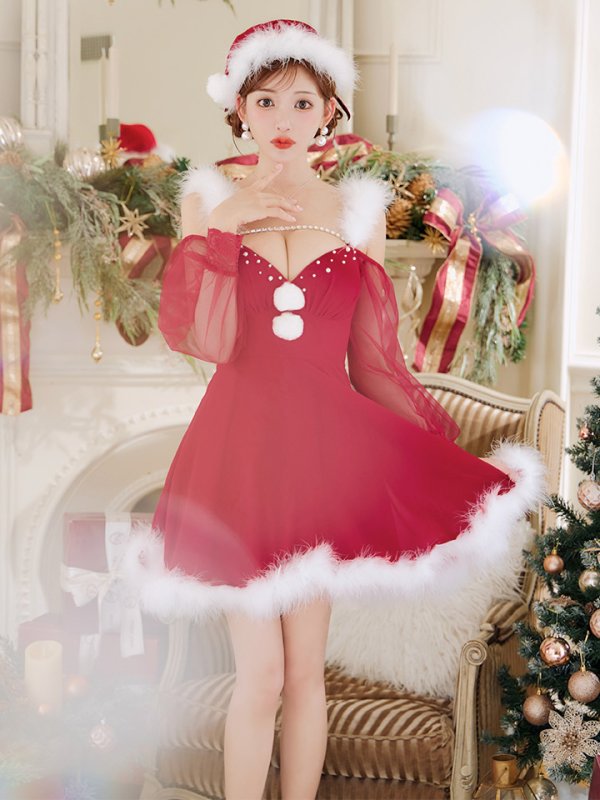 画像27: 【ノベルティ対象】【即日発送】【サンタコス 3点セット】【XS-XLサイズ/2カラー】シアーチュールオフショルダーサンタコスプレ[YMT] (27)