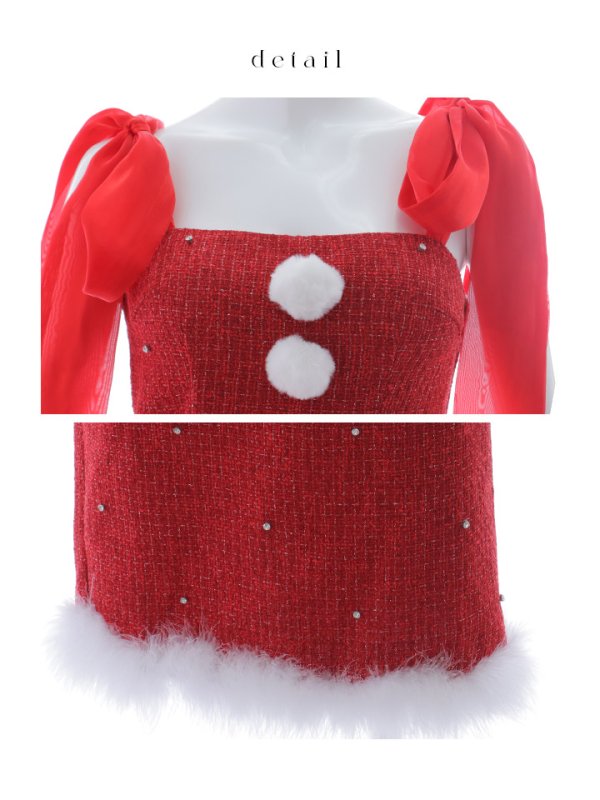 画像44: 【即日発送！】【サンタコス 4点セット】【S-Lサイズ/2カラー】リボンショルダーツイードビジューミディアムサンタコスプレ[OF04] (44)
