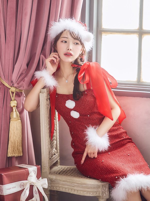画像34: 【即日発送！】【サンタコス 4点セット】【S-Lサイズ/2カラー】リボンショルダーツイードビジューミディアムサンタコスプレ[YMT] (34)