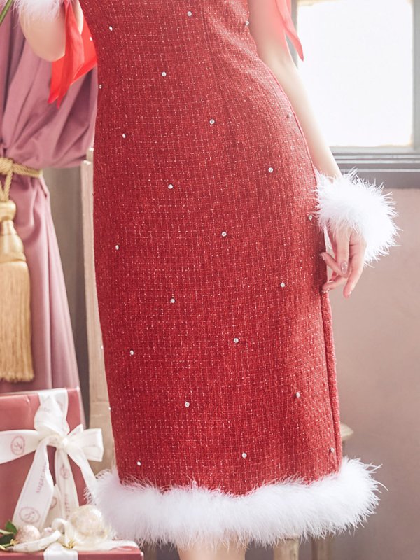 画像25: 【即日発送！】【サンタコス 4点セット】【S-Lサイズ/2カラー】リボンショルダーツイードビジューミディアムサンタコスプレ[YMT] (25)