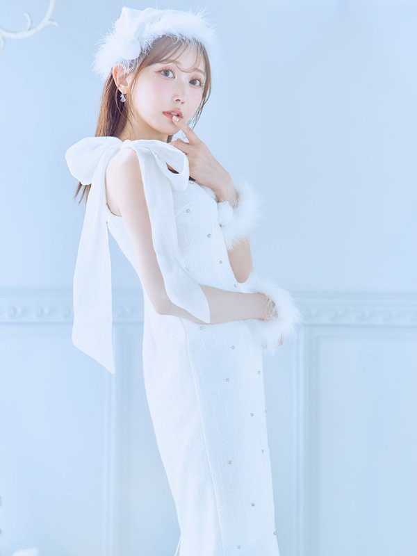 画像2: 【即日発送！】【サンタコス 4点セット】【S-Lサイズ/2カラー】リボンショルダーツイードビジューミディアムサンタコスプレ[YMT] (2)