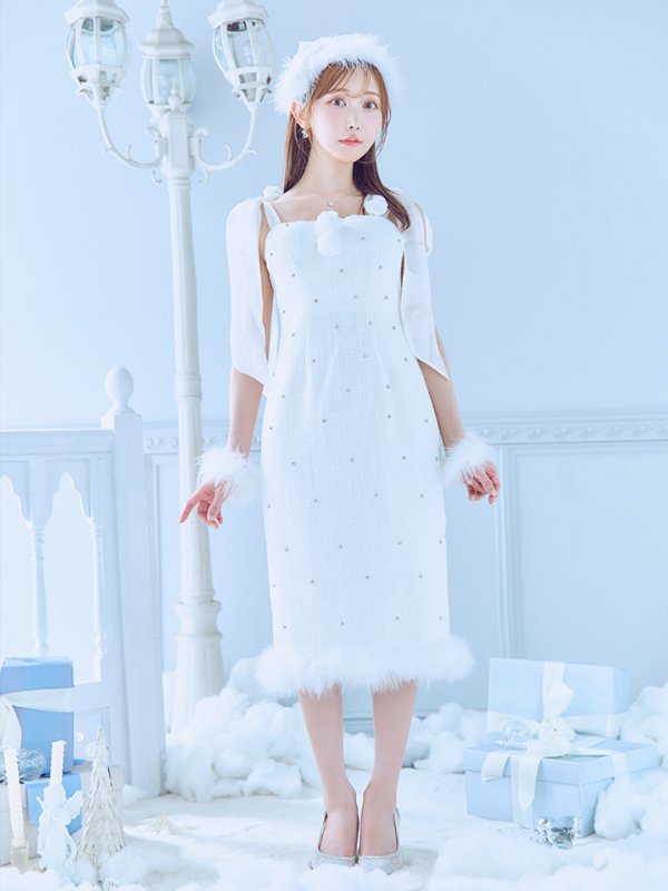 画像4: 【即日発送！】【サンタコス 4点セット】【S-Lサイズ/2カラー】リボンショルダーツイードビジューミディアムサンタコスプレ[YMT] (4)