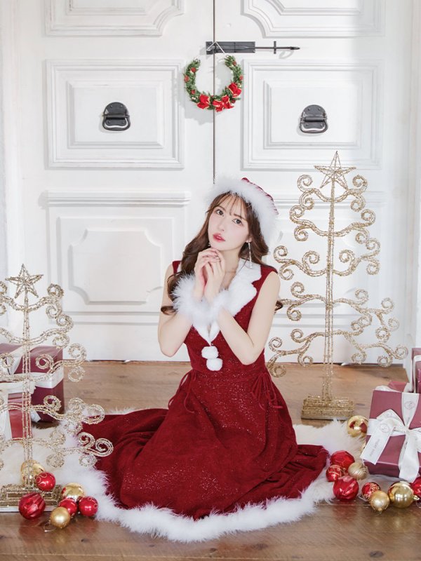 画像3: 【ノベルティ対象】【即日発送！】【サンタコス 5点セット】【S-Lサイズ/1カラー】セットアップ襟付きミディアムサンタコスプレ[YMT] (3)