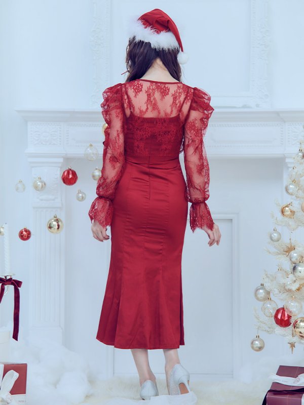 画像5: 【即日発送！】【サンタコス 4点セット】【S-Lサイズ/1カラー】レーストップスミディアムビジューサンタコスプレ[YMT] (5)