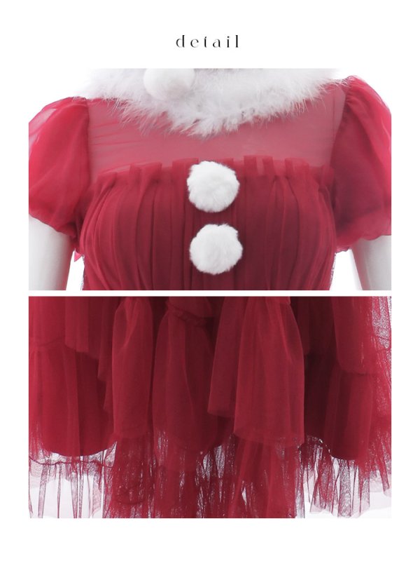 画像21: 【即日発送！】【サンタコス 4点セット】【S-Lサイズ/1カラー】シースルーフリルチュールサンタコスプレ[YMT] (21)