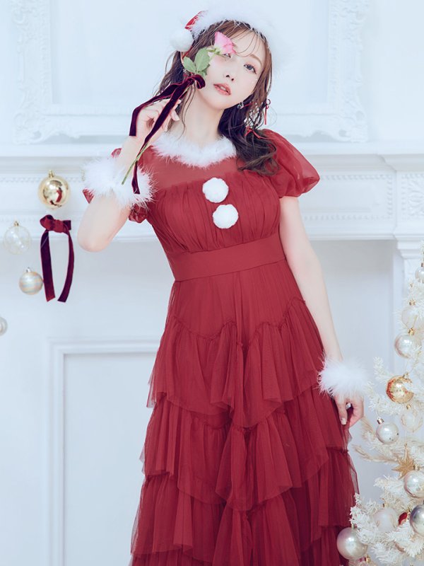 画像16: 【即日発送！】【サンタコス 4点セット】【S-Lサイズ/1カラー】シースルーフリルチュールサンタコスプレ[YMT] (16)