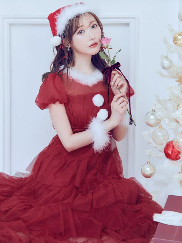 画像2: 【即日発送！】【サンタコス 4点セット】【S-Lサイズ/1カラー】シースルーフリルチュールサンタコスプレ[YMT] (2)