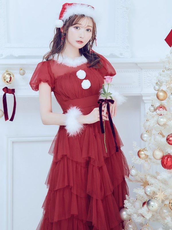 画像3: 【即日発送！】【サンタコス 4点セット】【S-Lサイズ/1カラー】シースルーフリルチュールサンタコスプレ[YMT] (3)