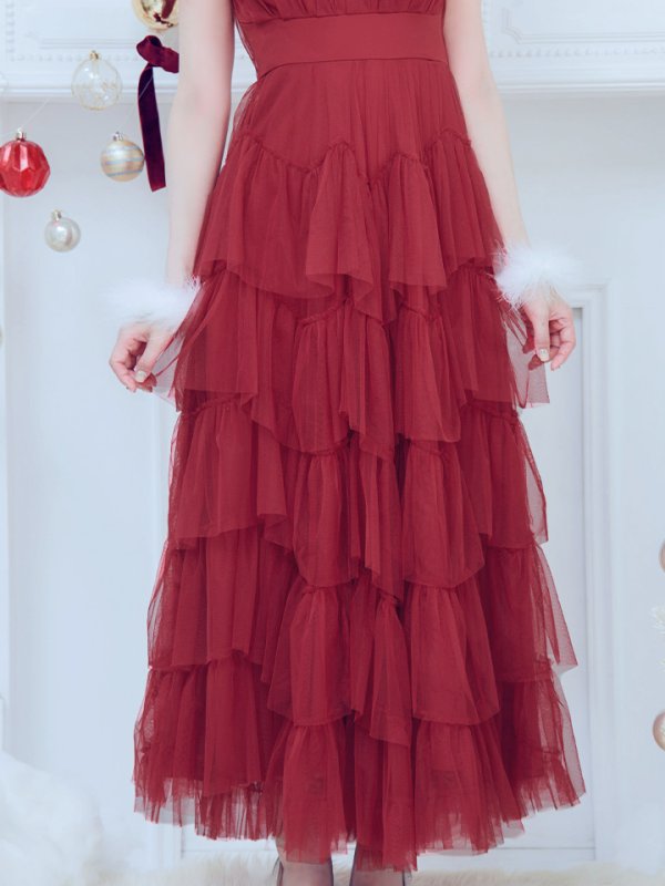 画像7: 【即日発送！】【サンタコス 4点セット】【S-Lサイズ/1カラー】シースルーフリルチュールサンタコスプレ[YMT] (7)