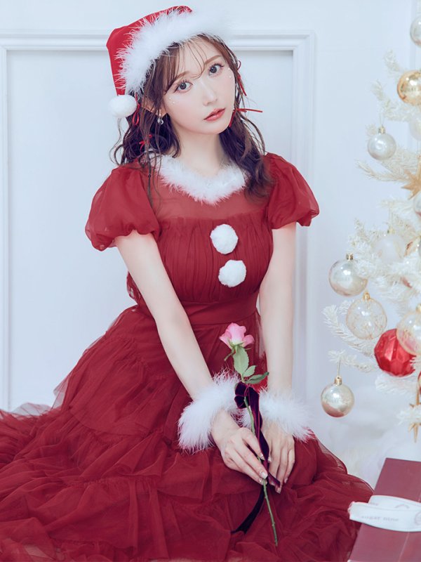 画像8: 【即日発送！】【サンタコス 4点セット】【S-Lサイズ/1カラー】シースルーフリルチュールサンタコスプレ[YMT] (8)