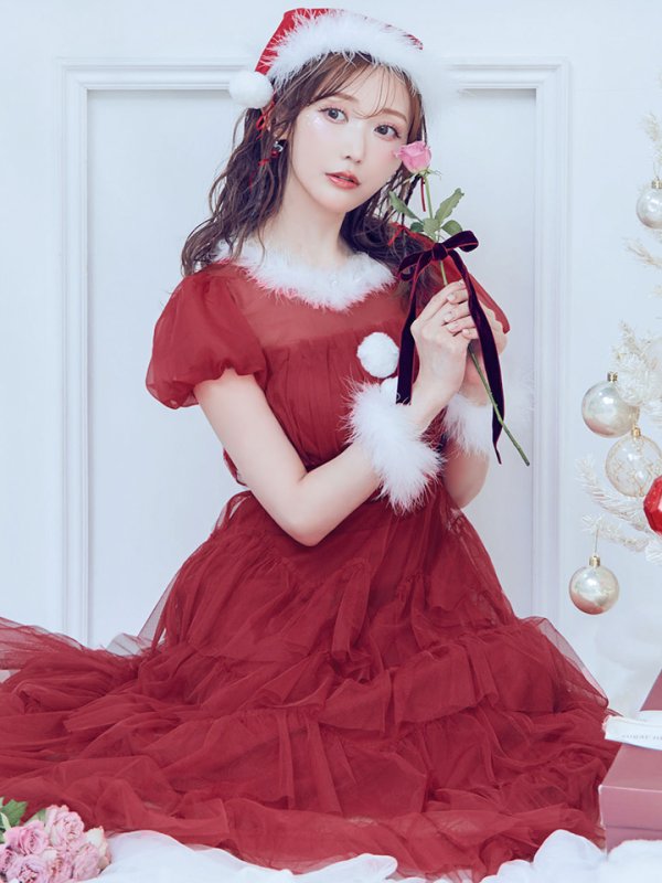 画像9: 【即日発送！】【サンタコス 4点セット】【S-Lサイズ/1カラー】シースルーフリルチュールサンタコスプレ[YMT] (9)