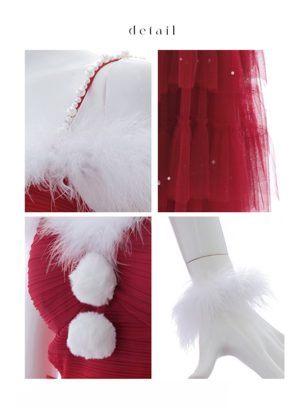 画像20: 【ノベルティ対象】【即日発送！】【サンタコス 4点セット】【M-XLサイズ/1カラー】オフショルフリルチュールサンタコスプレ[YMT] (20)