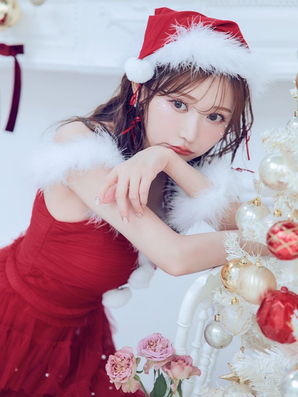 画像10: 【ノベルティ対象】【即日発送！】【サンタコス 4点セット】【M-XLサイズ/1カラー】オフショルフリルチュールサンタコスプレ[YMT] (10)