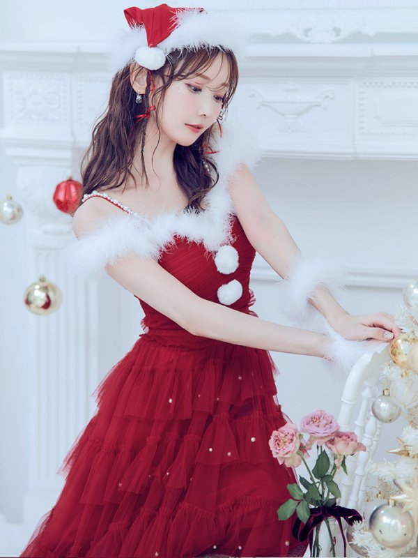 画像11: 【ノベルティ対象】【即日発送！】【サンタコス 4点セット】【M-XLサイズ/1カラー】オフショルフリルチュールサンタコスプレ[YMT] (11)