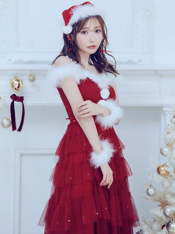 画像12: 【ノベルティ対象】【即日発送！】【サンタコス 4点セット】【M-XLサイズ/1カラー】オフショルフリルチュールサンタコスプレ[YMT] (12)