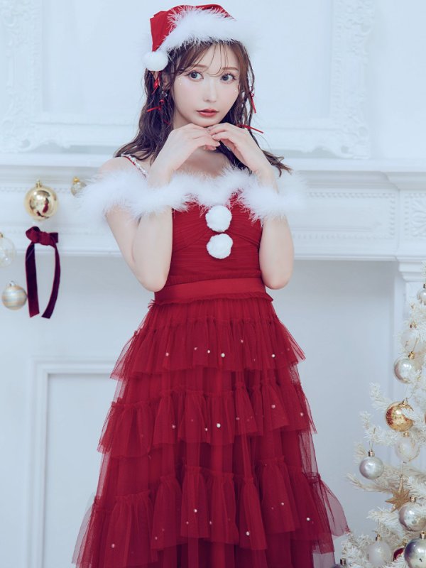 画像13: 【ノベルティ対象】【即日発送！】【サンタコス 4点セット】【M-XLサイズ/1カラー】オフショルフリルチュールサンタコスプレ[YMT] (13)