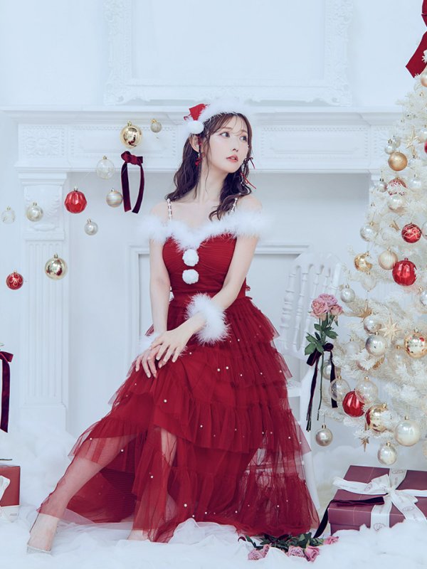 画像17: 【ノベルティ対象】【即日発送！】【サンタコス 4点セット】【M-XLサイズ/1カラー】オフショルフリルチュールサンタコスプレ[YMT] (17)