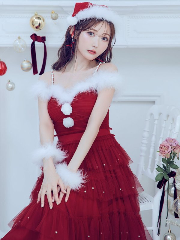 画像2: 【ノベルティ対象】【即日発送！】【サンタコス 4点セット】【M-XLサイズ/1カラー】オフショルフリルチュールサンタコスプレ[YMT] (2)