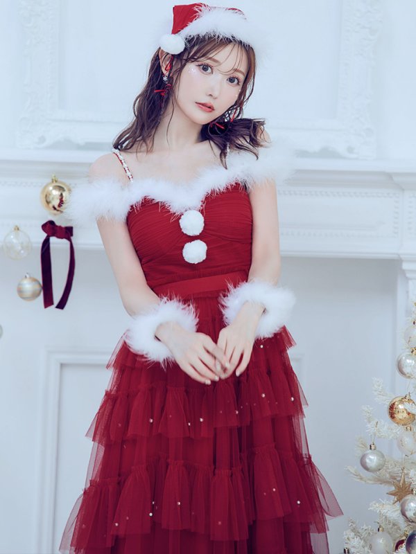 画像3: 【ノベルティ対象】【即日発送！】【サンタコス 4点セット】【M-XLサイズ/1カラー】オフショルフリルチュールサンタコスプレ[YMT] (3)
