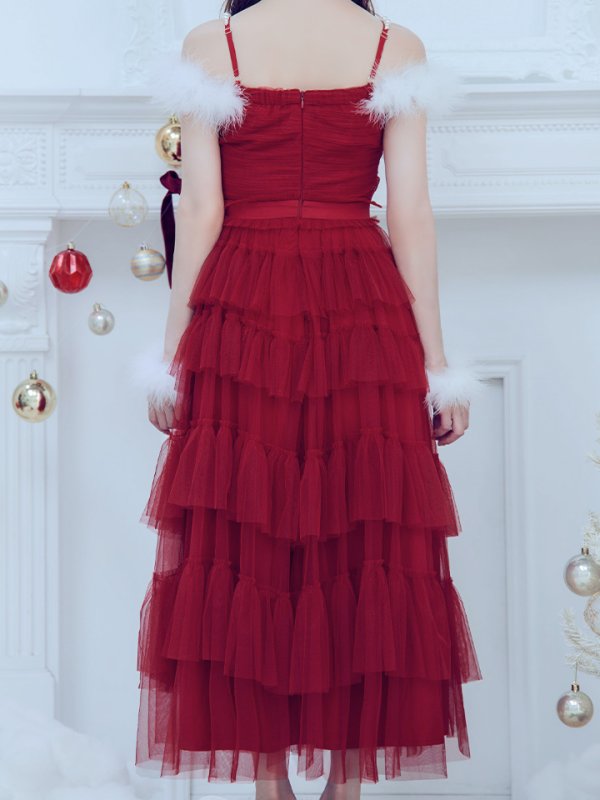 画像5: 【ノベルティ対象】【即日発送！】【サンタコス 4点セット】【M-XLサイズ/1カラー】オフショルフリルチュールサンタコスプレ[YMT] (5)