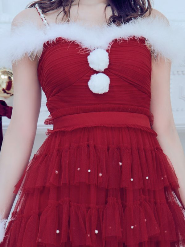 画像6: 【ノベルティ対象】【即日発送！】【サンタコス 4点セット】【M-XLサイズ/1カラー】オフショルフリルチュールサンタコスプレ[YMT] (6)