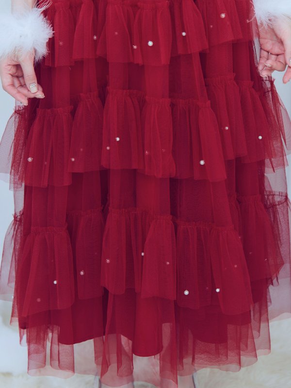 画像7: 【ノベルティ対象】【即日発送！】【サンタコス 4点セット】【M-XLサイズ/1カラー】オフショルフリルチュールサンタコスプレ[YMT] (7)