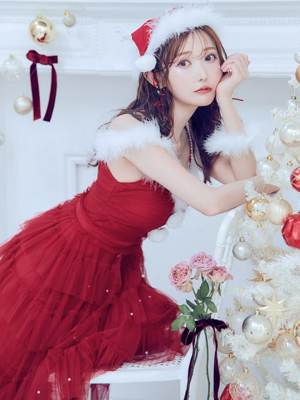 画像8: 【ノベルティ対象】【即日発送！】【サンタコス 4点セット】【M-XLサイズ/1カラー】オフショルフリルチュールサンタコスプレ[YMT] (8)